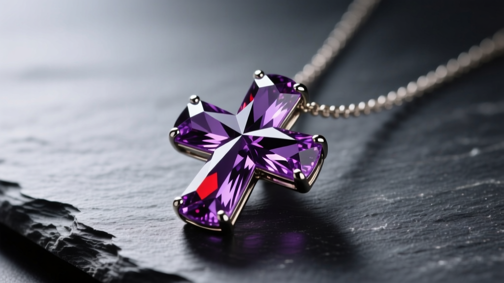 Macro photo of a faceted amethyst cross necklace pendant on dark slate, illuminated to reveal deep purple and secondary red flashes.
