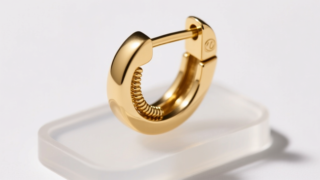 Close-up of a 20-gauge 14k gold filled leverback earring hook on a silicone ear display, highlighting the hinge mechanism.