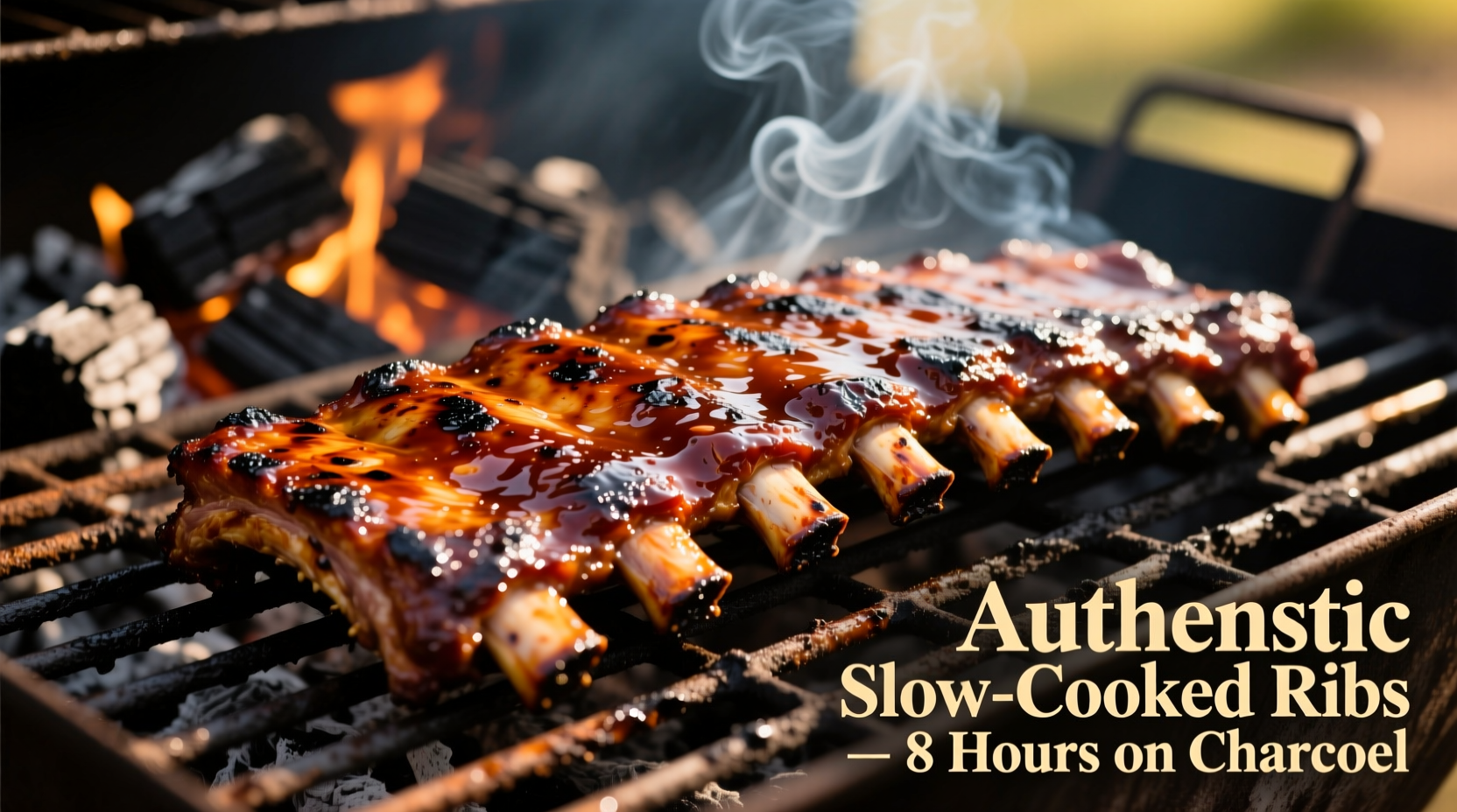 Perfectly cooked ribs on charcoal grill