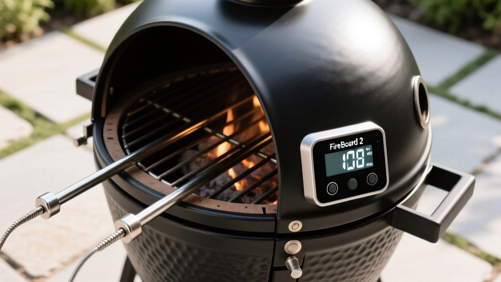 Overhead view of a digital FireBoard 2 Drive temperature controller attached to a ceramic kamado grill with steel probes