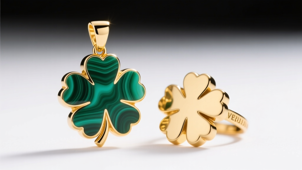 Macro photography comparing an 18k gold and malachite clover pendant with a gold vermeil dupe under bright studio lighting