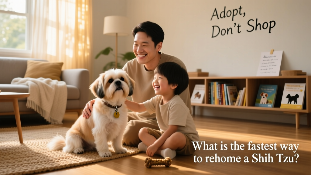 A gentle Shih Tzu sitting beside a smiling adult and child in a sunlit living room