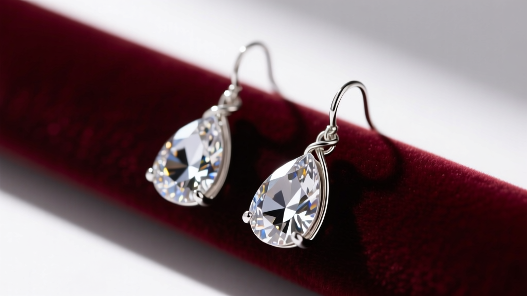 Macro shot of crystal teardrop earrings on velvet, highlighting briolette facets and silver wire wrap settings in soft light.