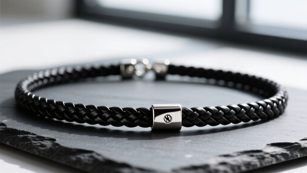 Close-up of a 3mm braided black leather cord necklace with a brushed titanium screw-in clasp resting on a dark slate surface