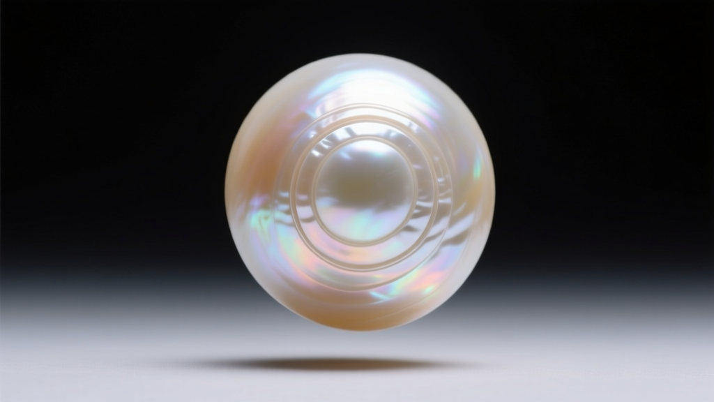 Macro shot of a South Sea pearl revealing concentric nacre layers and subtle orient, lit by soft directional studio lighting.