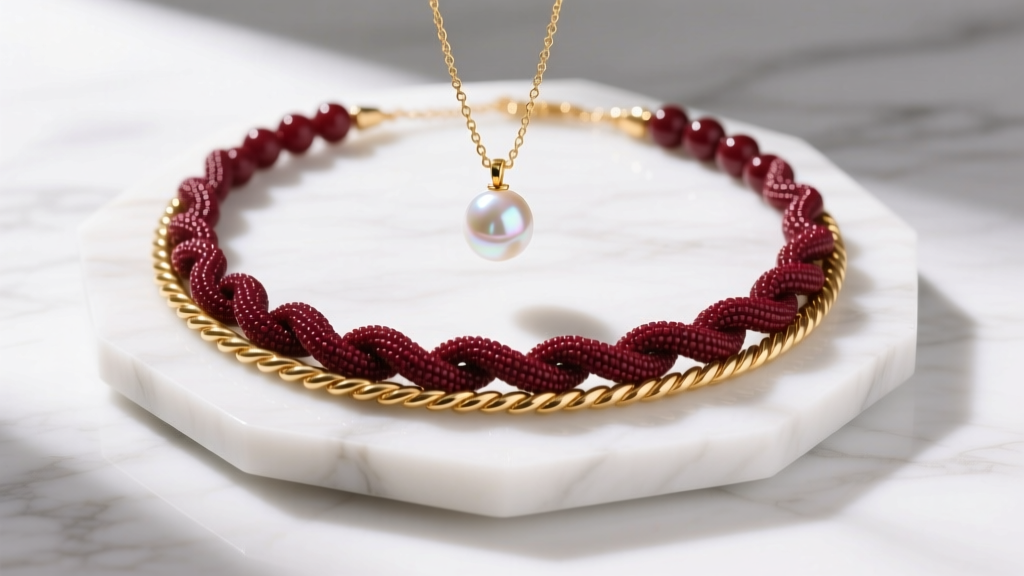 Flat lay of a layered stack featuring a 16-inch twisted bead choker, a delicate gold chain, and a pearl pendant on white marble.