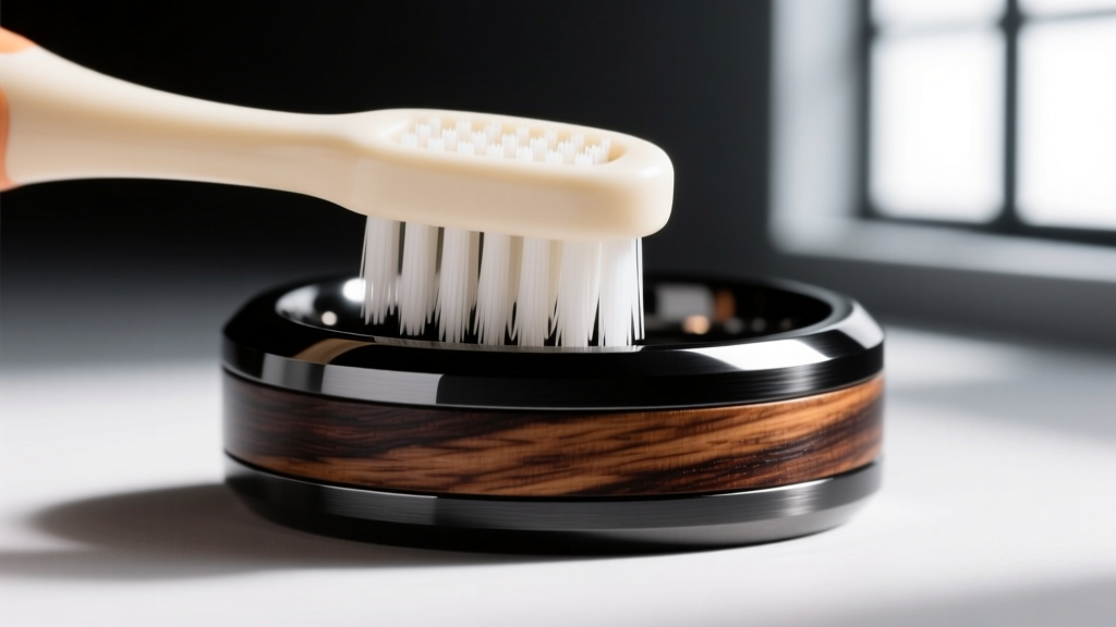 A soft-bristled baby toothbrush gently scrubbing the grooves of a black tungsten ring featuring a dark wood grain inlay center.