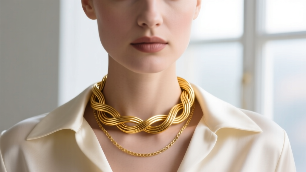 Elegant close-up of a woman wearing an 18k yellow gold Vicenza tubular mesh necklace layered with a delicate Figaro chain on silk