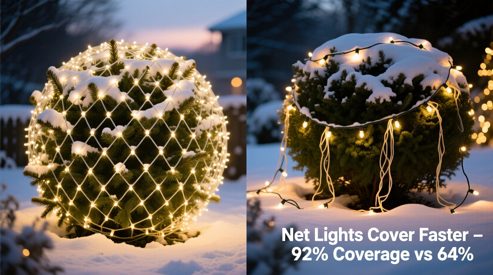 christmas light net vs string lights which covers bushes faster