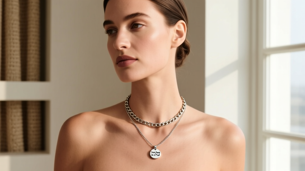 Woman wearing a 16-inch rolo chain with a 15mm two peas in a pod pendant, showing ideal collarbone placement for layering.