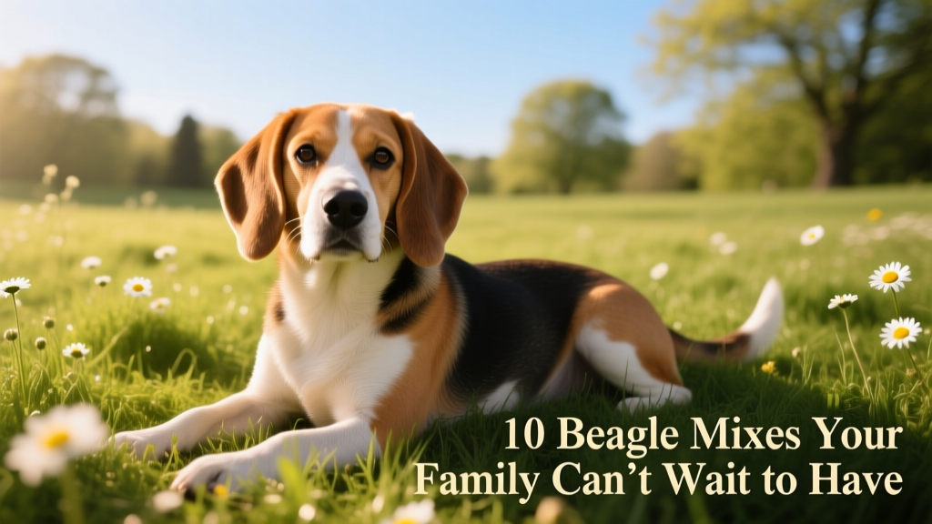poogle with beagle ears and a poodle snout lying in the grass on a sunny day