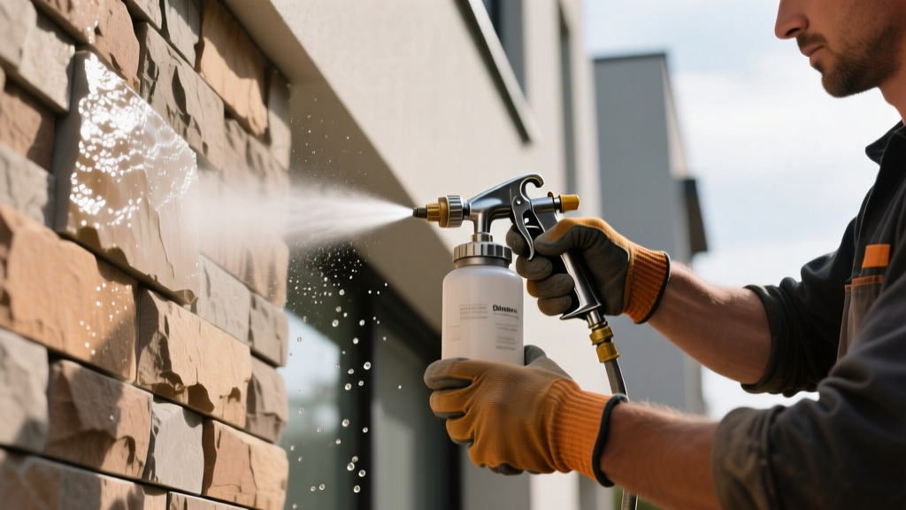 Mason applying siloxane sealer to textured exterior manufactured stone veneer wall using a low-pressure pump sprayer