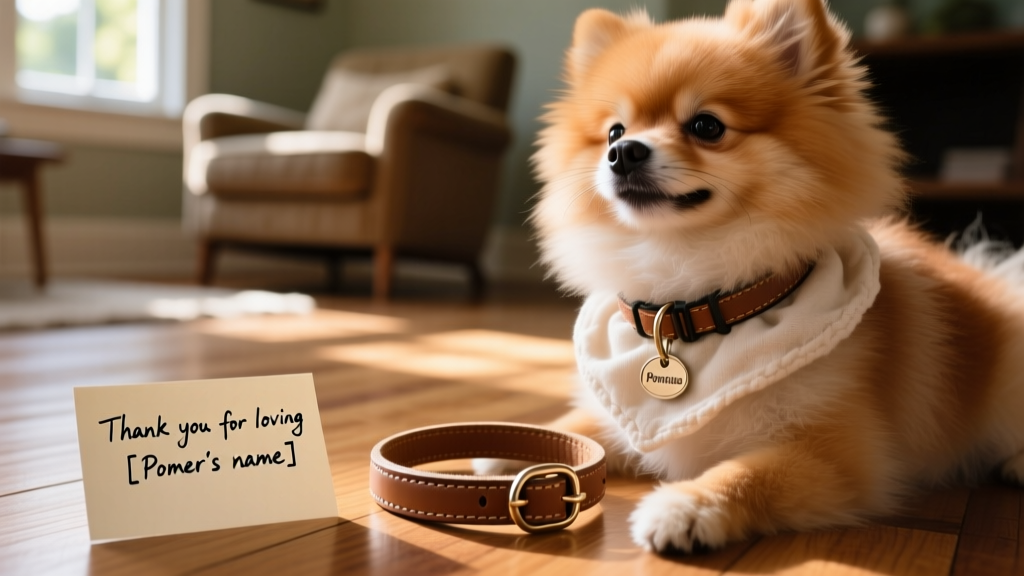 A handwritten note beside a leash and collar, with 'Thank you for loving [Pomeranian's name]' written neatly