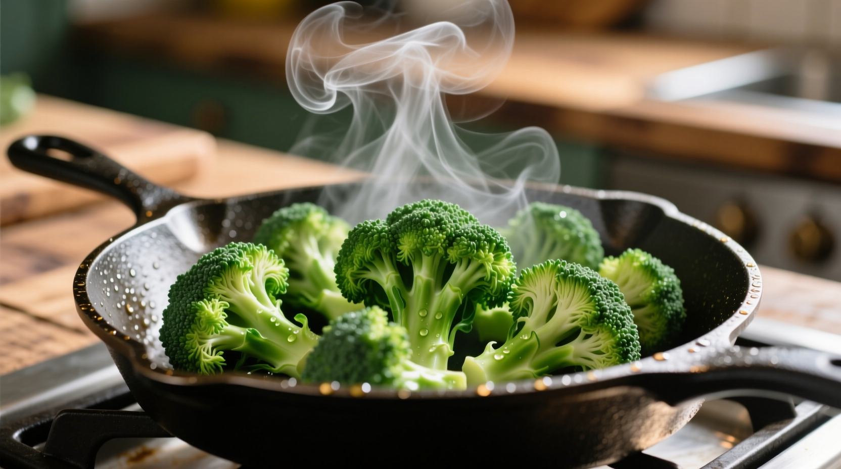 Fresh broccoli florets in a skillet with steam rising