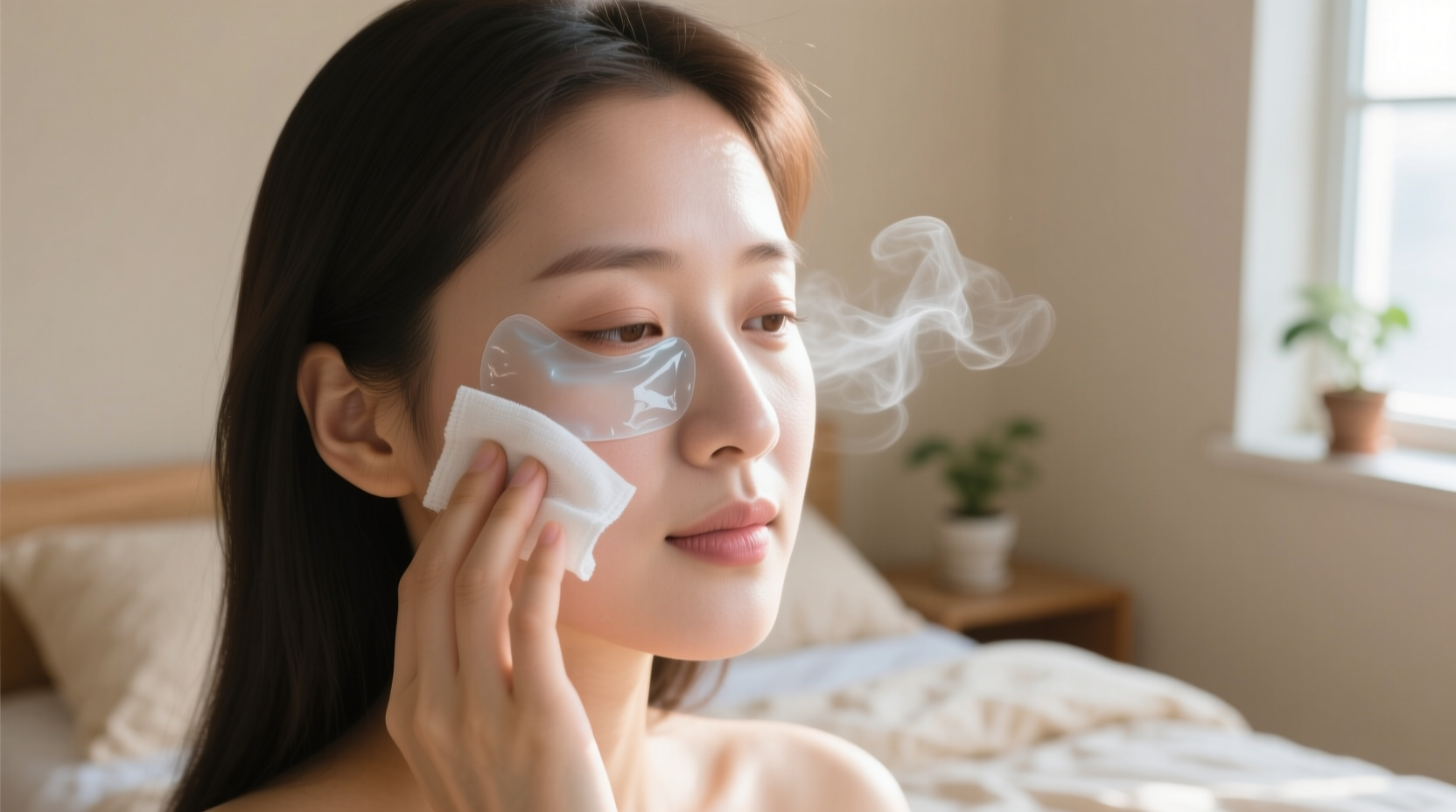 Woman applying cold compress to reduce facial puffiness