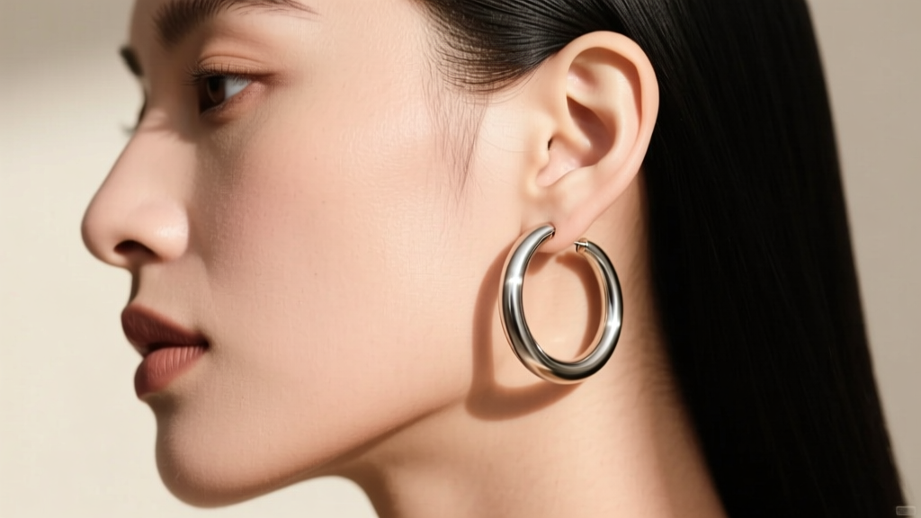 Side profile showing lightweight titanium 60mm hoop earrings framing a jawline, demonstrating zero earlobe pulling or distortion.