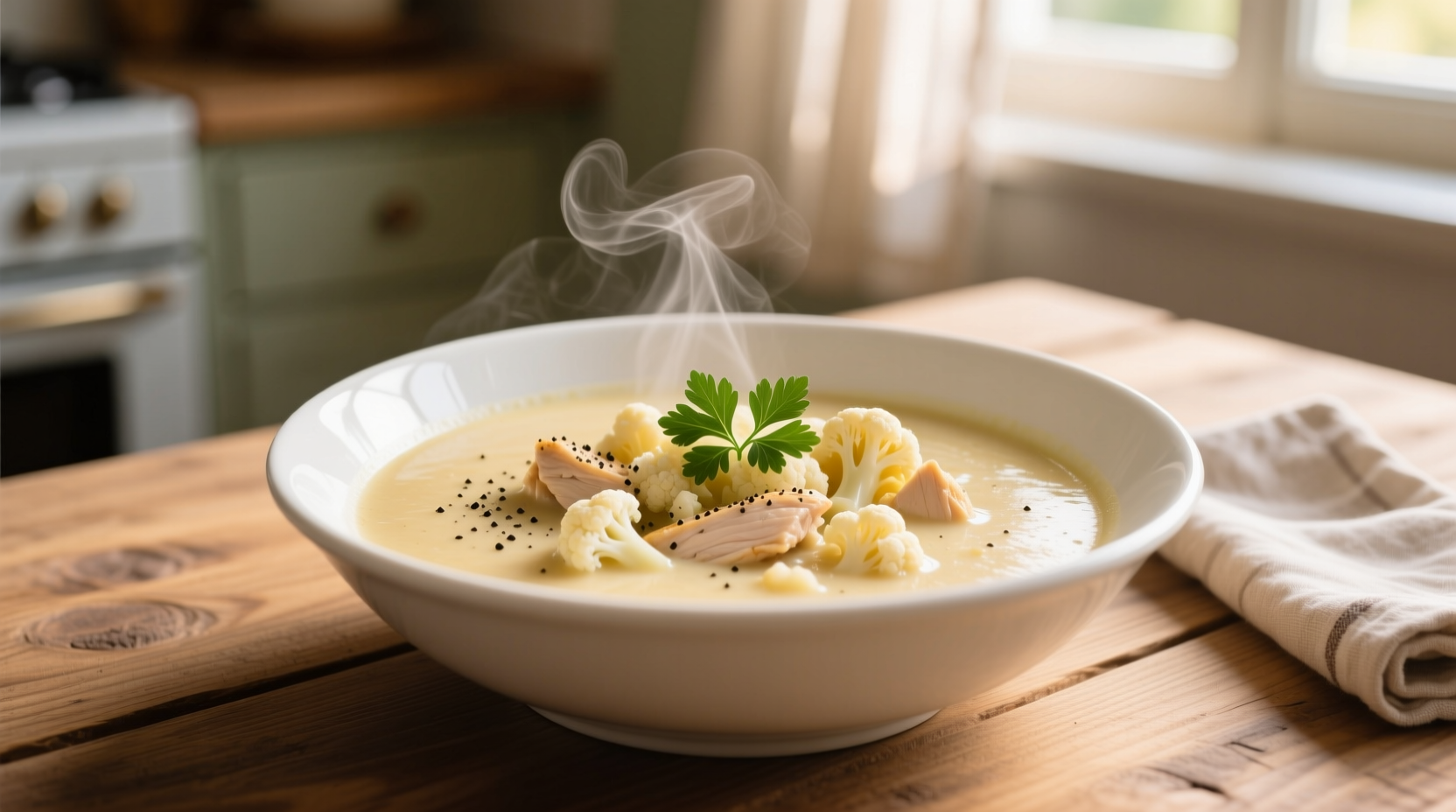Creamy chicken and cauliflower soup in white bowl