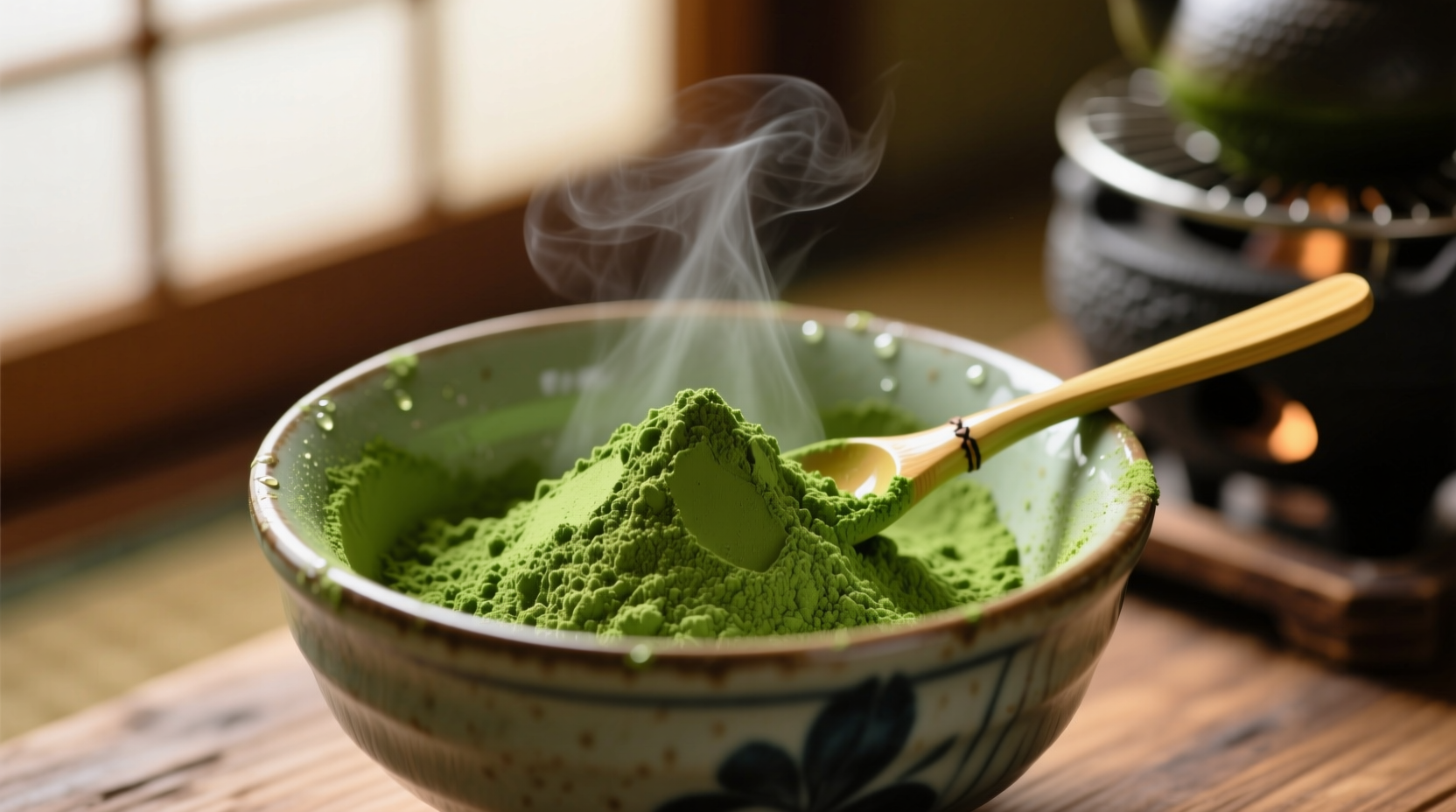 Close-up of vibrant green matcha powder in bowl