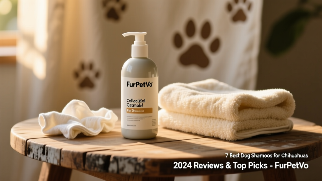 Bottle of FurPetVo Colloidal Oatmeal Pet Shampoo next to a soft washcloth and towel