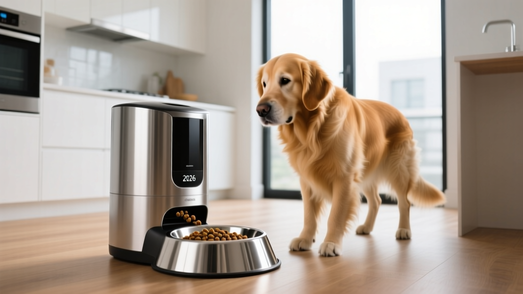 A sleek 2026 smart pet feeder dispensing kibble into a stainless steel bowl while a golden retriever waits patiently in a modern kitchen.