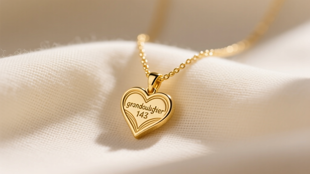 Close-up of a 14k solid gold granddaughter necklace with a laser-engraved heart pendant resting on soft cream linen fabric