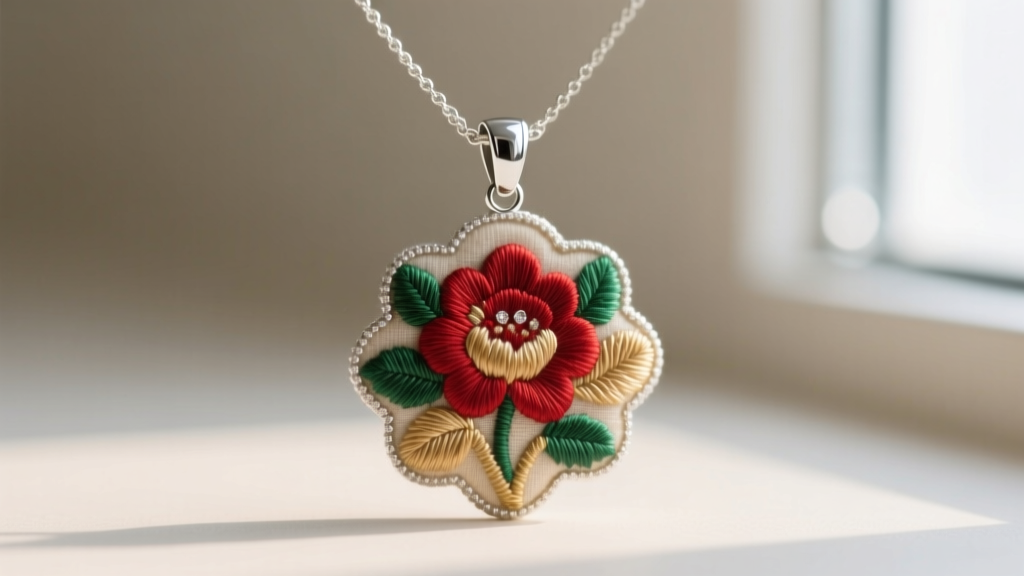 Silver glue-on bail attached to the top edge of a finished floral embroidered fabric necklace pendant using clear jewelry adhesive