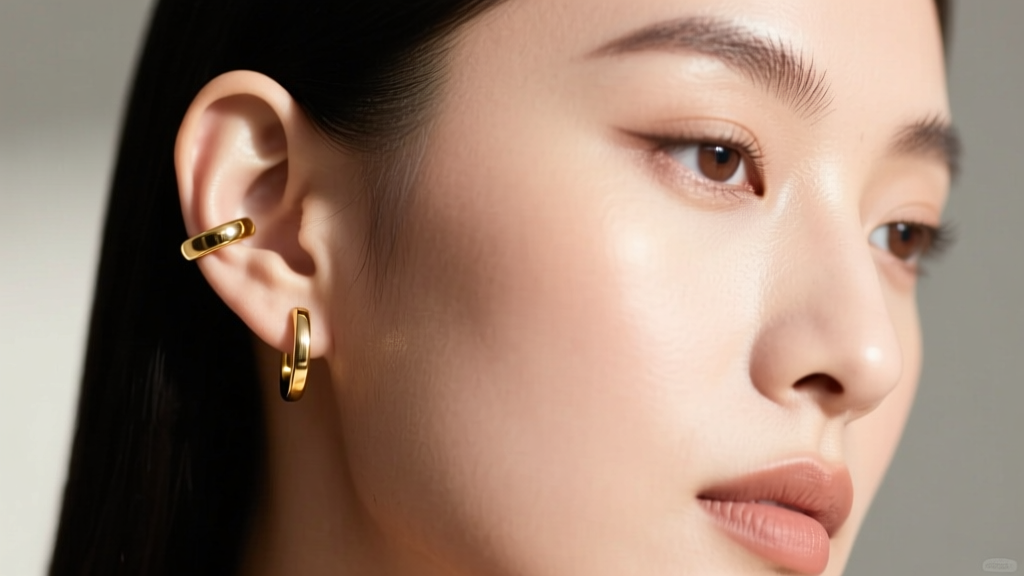 Profile of model wearing a minimalist 14k gold filled ear cuff on the upper helix, highlighting secure fit and seamless curvature.
