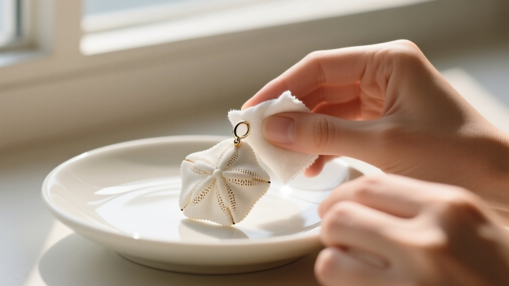 Close-up of hands gently cleaning a natural white sand dollar earring with a damp microfiber cloth on a bright ceramic dish, detailed