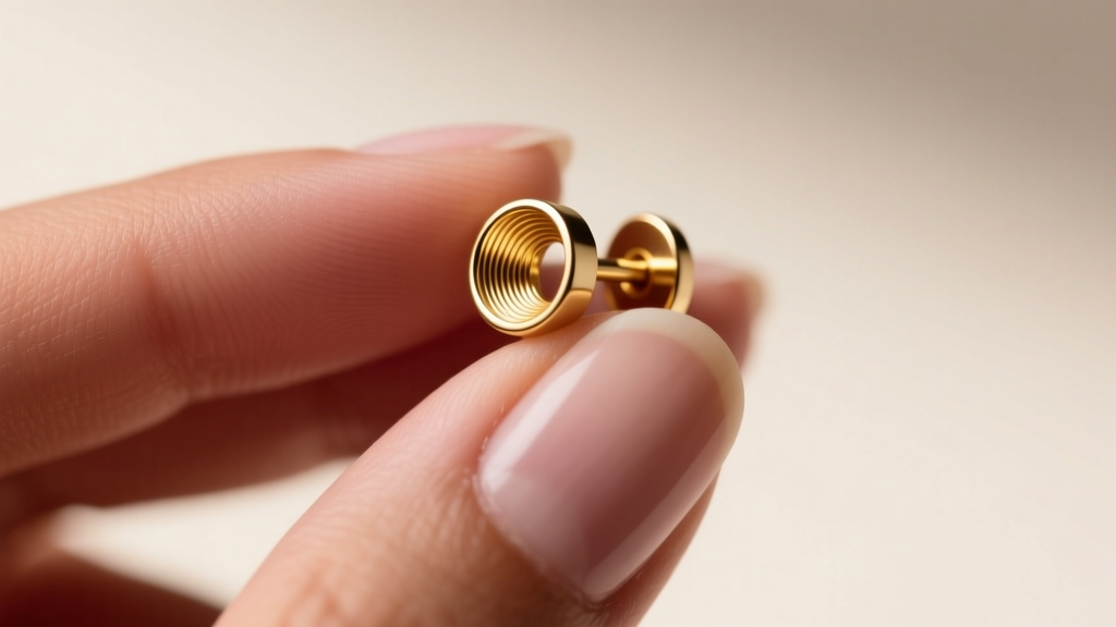 Close-up of fingers holding a 14k gold internally threaded stud earring post, showing smooth threads against soft studio lighting.