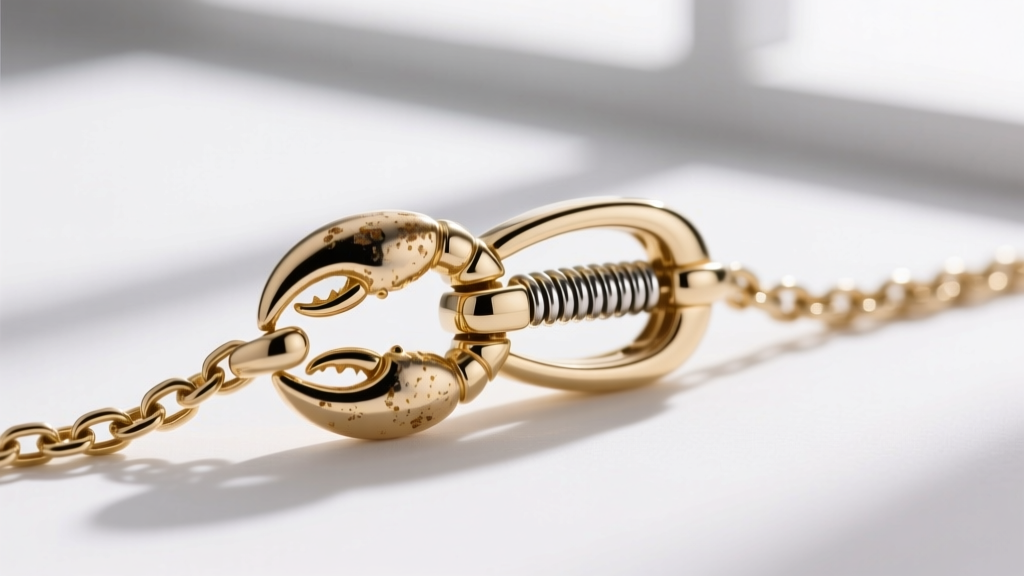 Macro shot of a 14k white gold lobster clasp on a 2.0mm box chain, showing rhodium plating wear and spring mechanism details