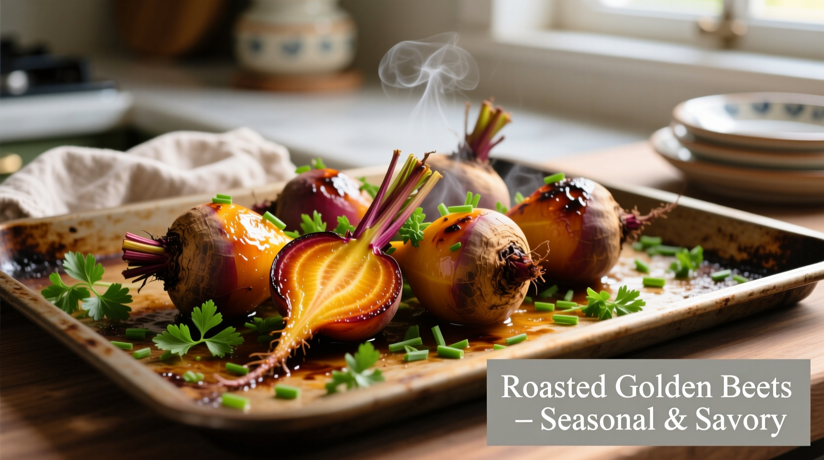 Golden roasted beets with herb garnish on baking sheet