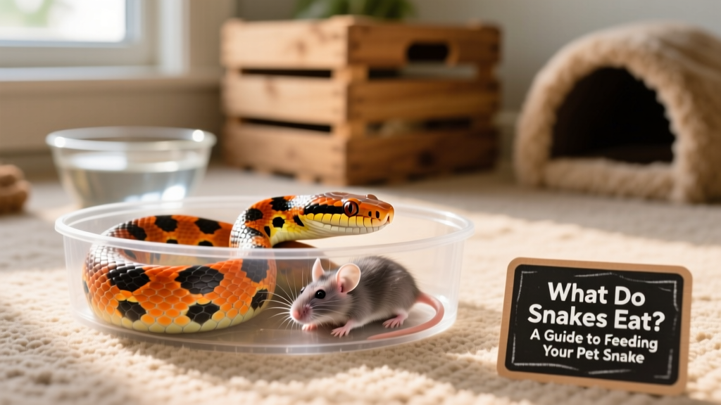 Close-up of a healthy corn snake coiled near a thawed frozen mouse in a clean feeding tub