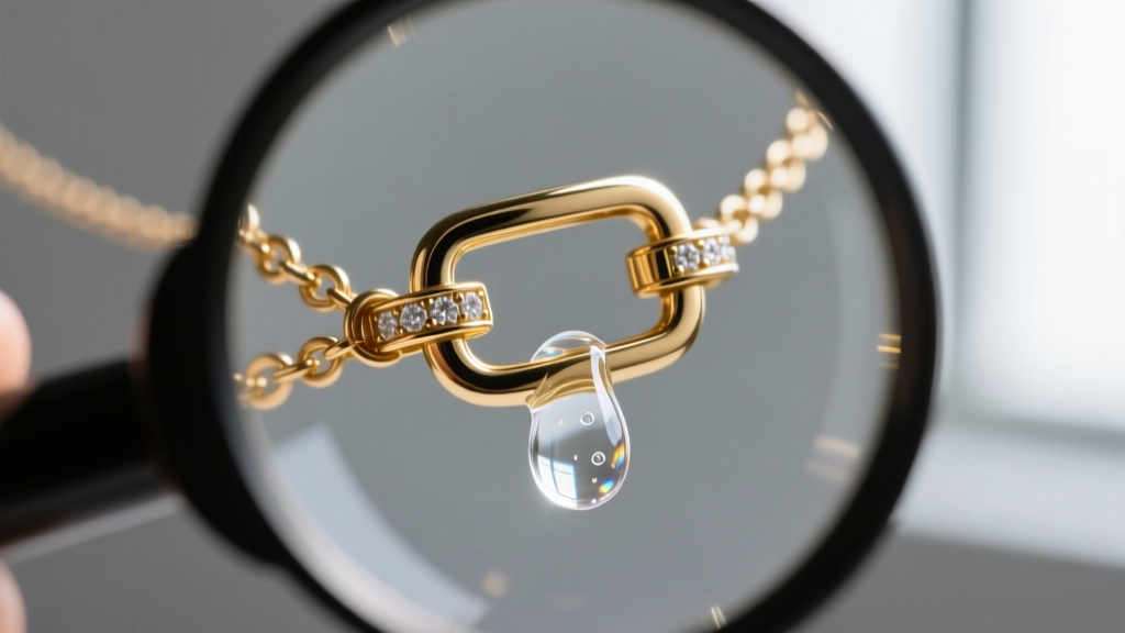 Macro view of a loupe inspecting a magnetic clasp on a heavy necklace, revealing a tiny drop of clear flexible jewelry adhesive.