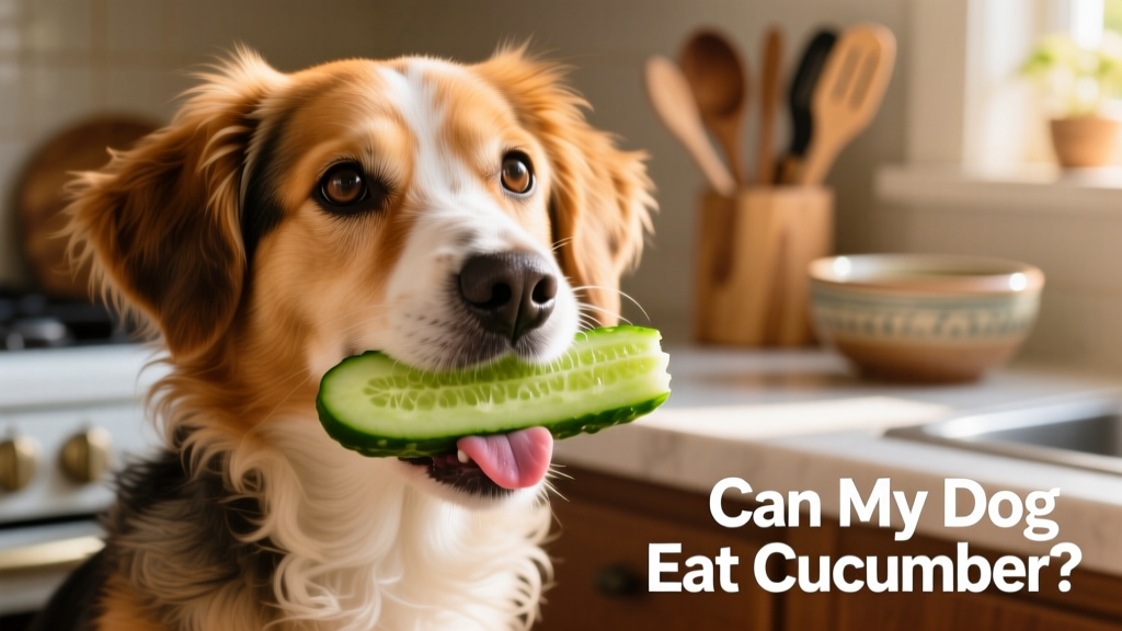Close-up of a dog gently holding a small, peeled cucumber slice in its mouth