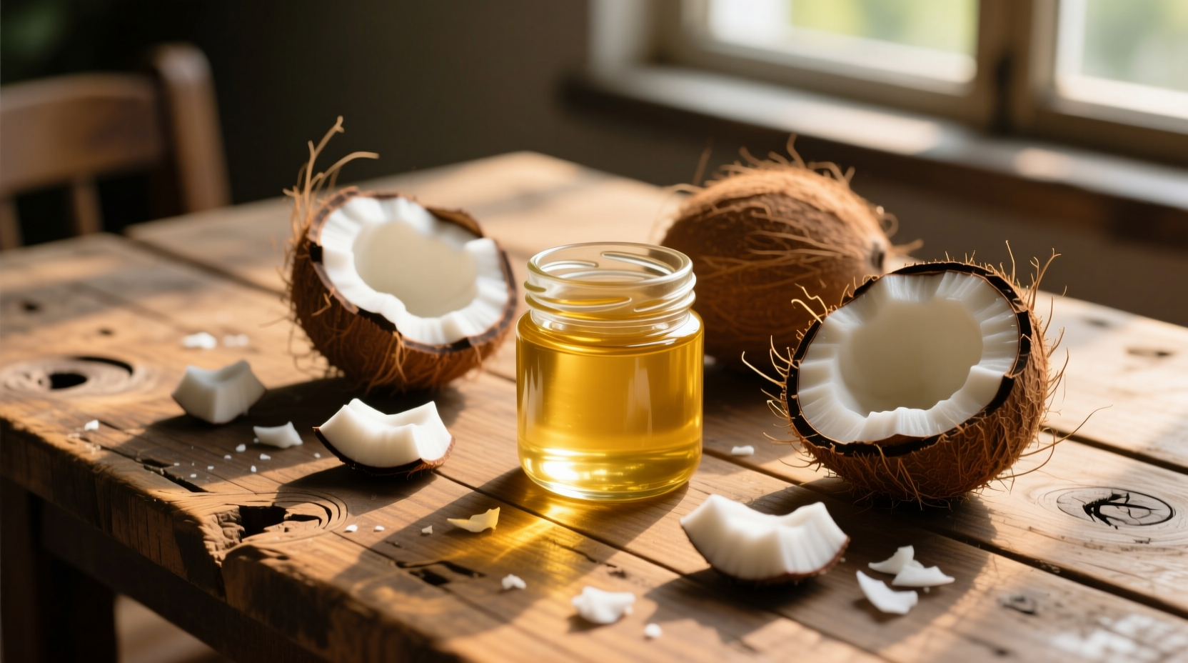 Coconut oil and fresh coconut pieces on wooden table
