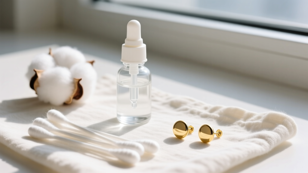 Flat lay of infant ear care supplies including sterile saline, cotton swabs, and 14k solid gold 20-gauge baby stud earrings.
