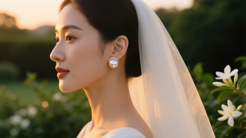 Side profile of a bride wearing Akoya pearl two piece ear jackets framing the earlobe, illuminated by soft warm golden hour light.