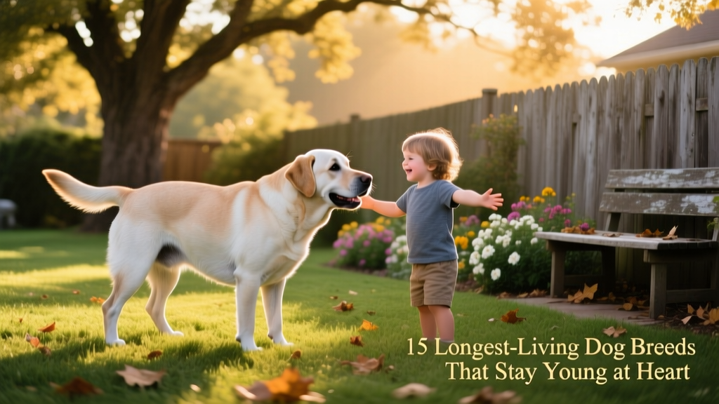A joyful senior dog playing gently with a child in a sunlit backyard