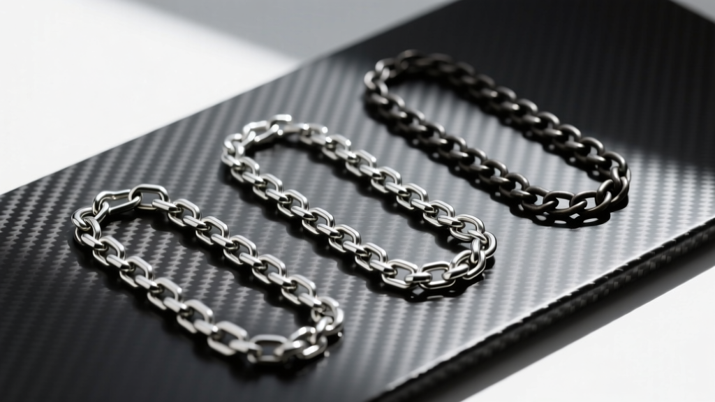 Flat lay comparison of three minimalist chains: matte titanium, polished silver, and darkened steel, arranged on carbon fiber.