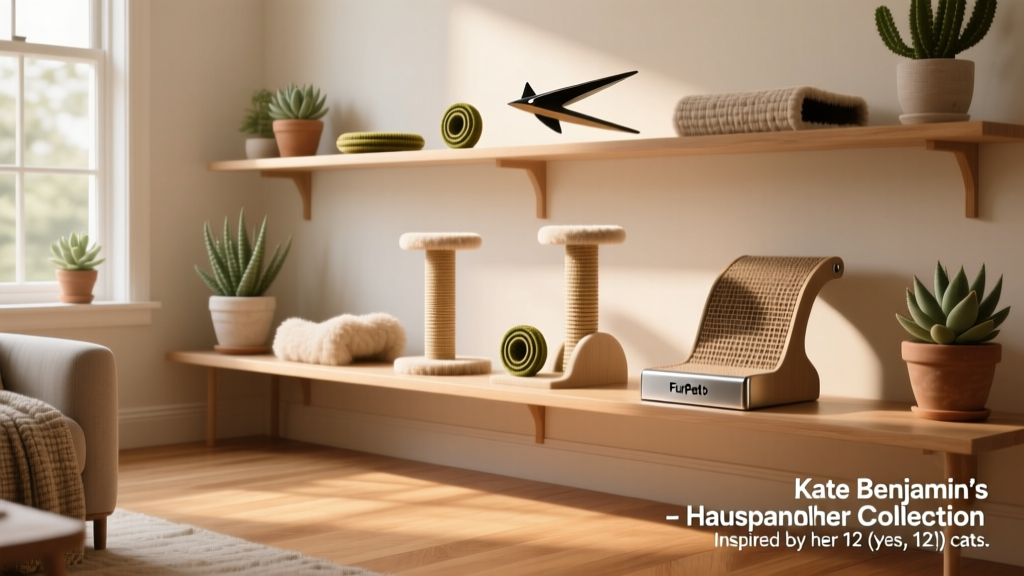 A curated shelf display featuring FurPetVo Atomic Flyers catnip chasers and Dual Surface Scratching Posts in minimalist home setting