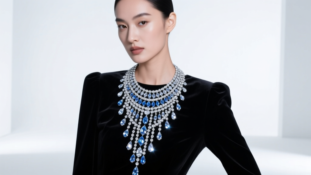 Model wearing a 40-inch long rhinestone necklace over black velvet, studio lighting highlighting the crystal facets
