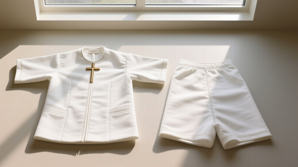 Comparison of LDS temple garment top and bottom pieces laid flat showing standard white cotton fabric construction