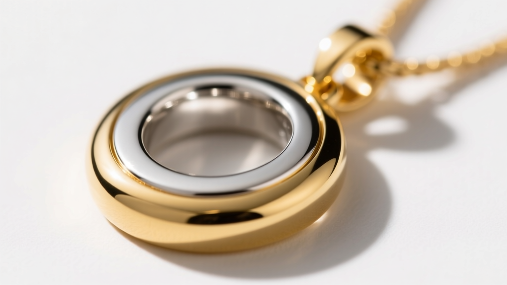 Side profile of a thick gold vermeil mens pendant showing the rich yellow outer layer over a sterling silver core in bright light.
