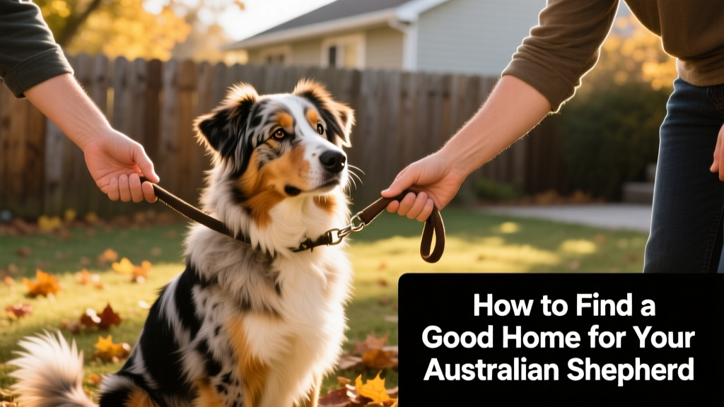 Two hands exchanging a leash between an owner and a new adopter, with an Australian Shepherd sitting attentively between them