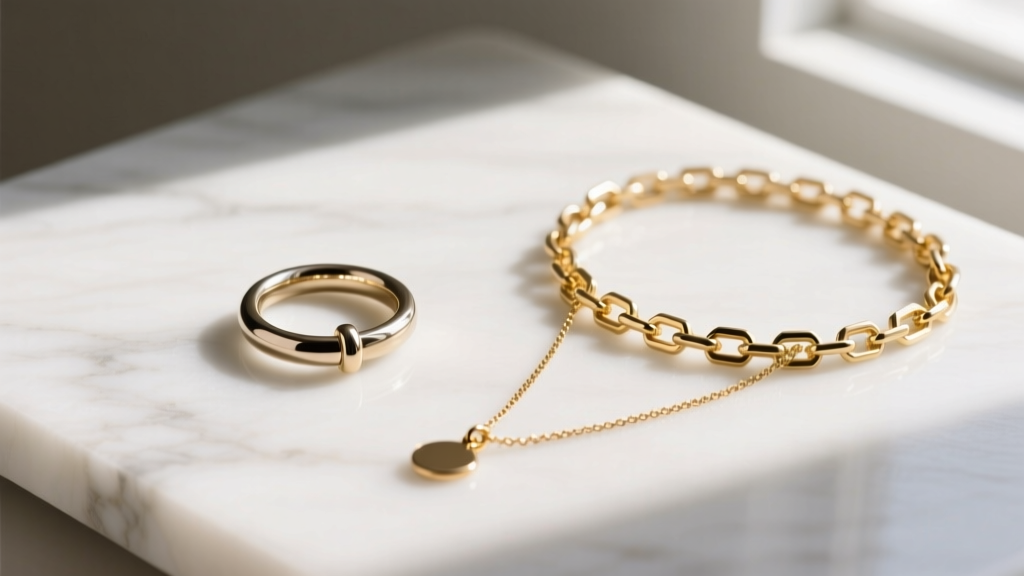 Marble flat lay showing a 14-gauge floating navel ring paired with an asymmetric 18k gold belly chain and a delicate lariat drop