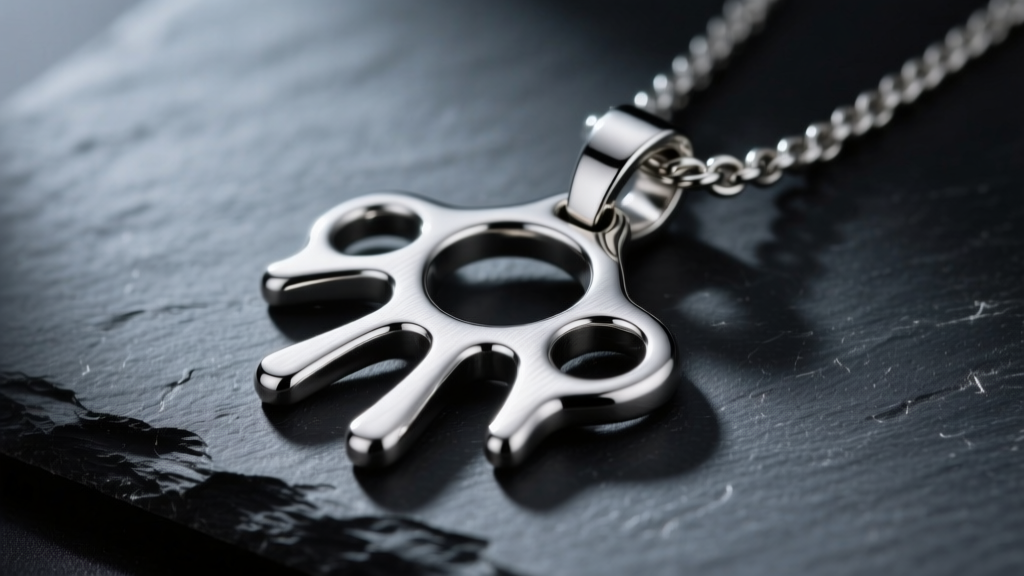 Heavy 316L steel 5 finger knuckle pendant on dark slate, moody lighting highlighting the brushed metal finish and thick bail.