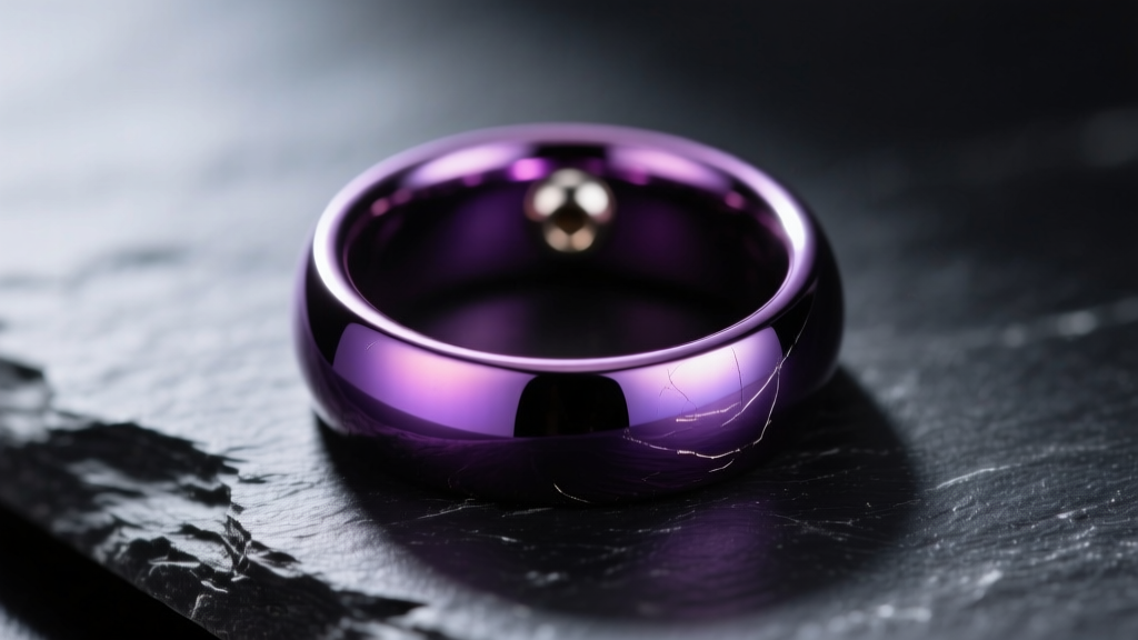 Close-up of 14-gauge niobium captive bead ring on dark slate, showing its anodized deep purple finish and highly smooth polish