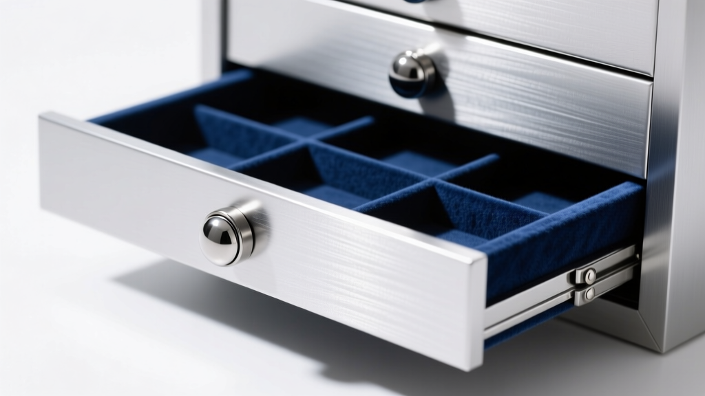 Close-up of a smooth metal ball-bearing drawer glide pulled out from a premium felt-lined jewelry box with drawers