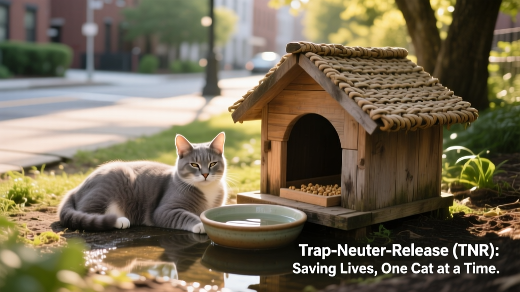 An ear-tipped community cat resting peacefully beside a feeding station with clean water and shelter