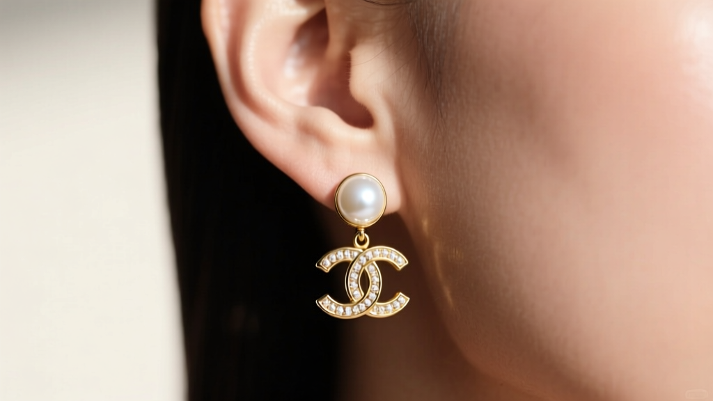 Macro shot of a vintage Chanel Coco pearl and gold CC drop earring on a woman's ear, illuminated by soft natural window light.